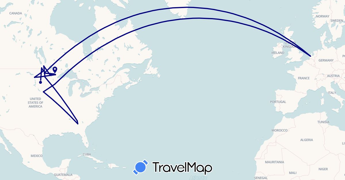 TravelMap itinerary: driving in Canada, Netherlands, United States (Europe, North America)